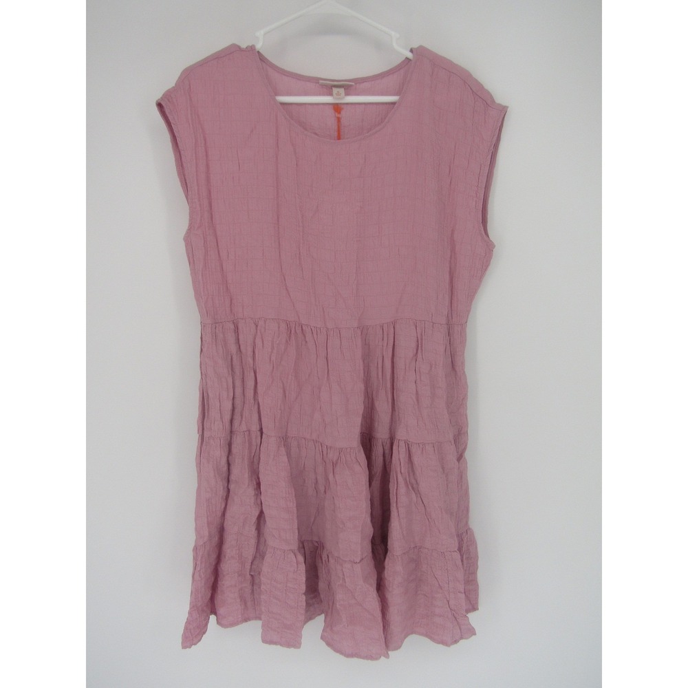 Pink Tiered Mini Dress Sz. M Crepe Boho Pockets Cottage Gauze Flowy Beachy Trave - Picture 2 of 10